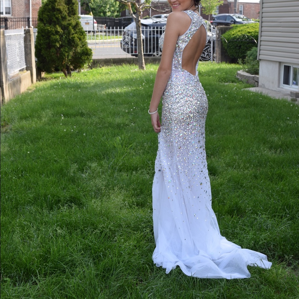 White and silver rhinestone prom dress
